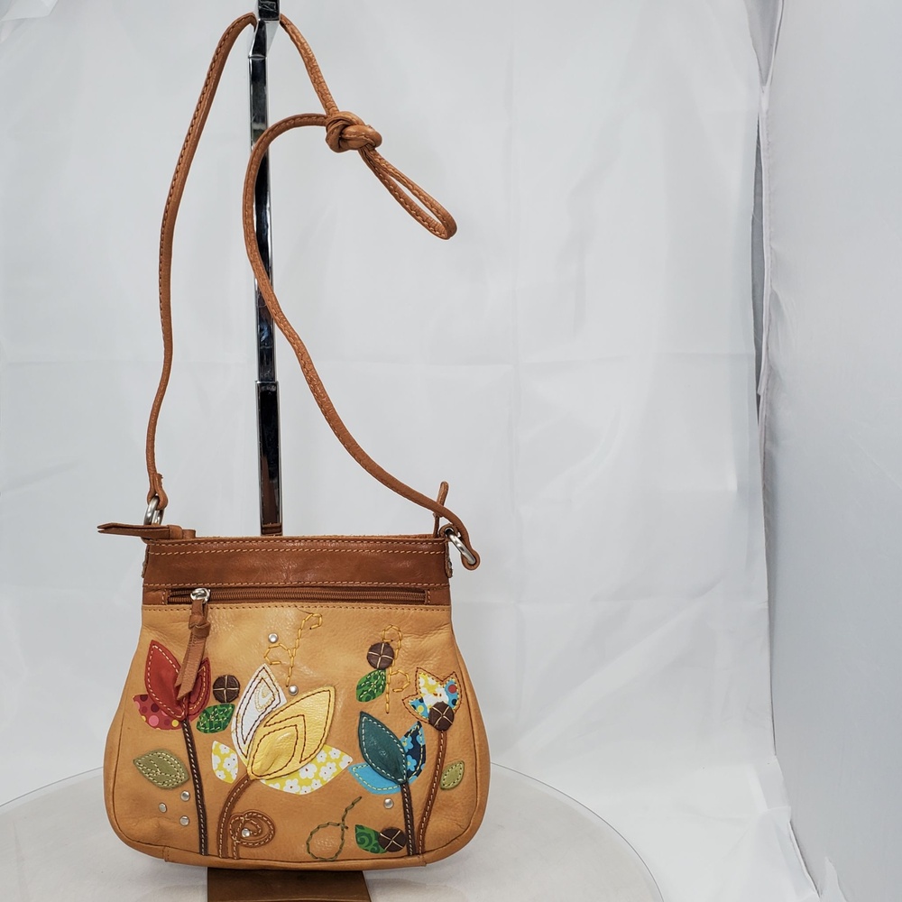 Y2K Fossil Tan Leather Floral Applique Small Crossbody Bag Zip Pockets SL2296